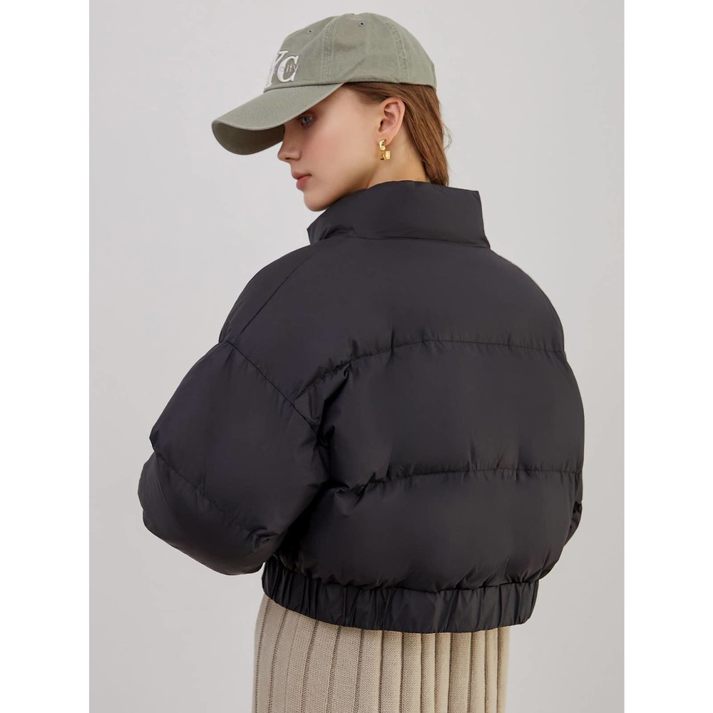 Zipper Up Elastic Hem Crop Puffer Coat tan - Picture 3 of 5